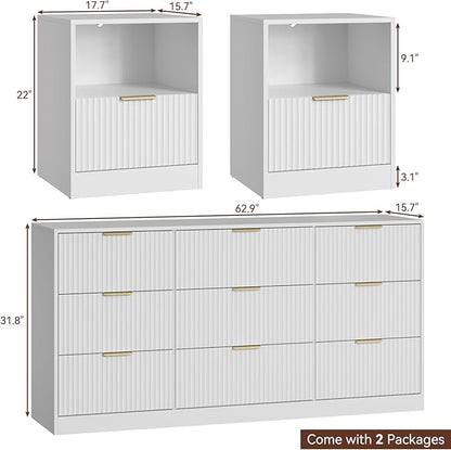 9 Drawer Dresser & Nightstand Set 3-Piece, 63” Wide Bedroom Set Night Stand Set of 2 with Metal Handle, Fluted Modern Wood Chest of Drawers Storage Dressers Set for Bedroom, White
