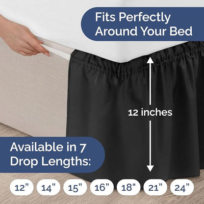 Wrap Around Dust Ruffle Bed Skirt - Black - for King Size Beds with 12 Inch Drop - Easy Fit Elastic Strap - Adjustable Pleated Bedskirt w/Brushed Fabric - Wrinkle Free - for Women, Men, Kids & Teens