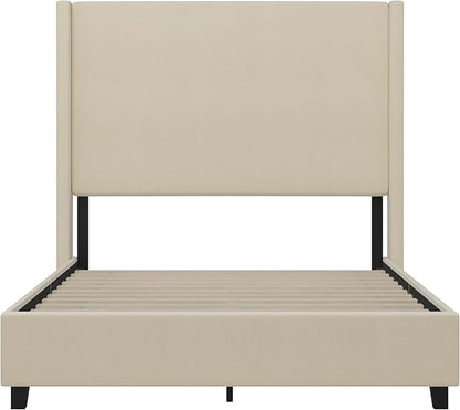 EMMA + OLIVER Nora Full Size Faux Linen Upholstered Platform Bed with Plush Padded Wingback Headboard (No Box Spring Needed), Modern Upholstered Headboard Full Bed Frame, Beige