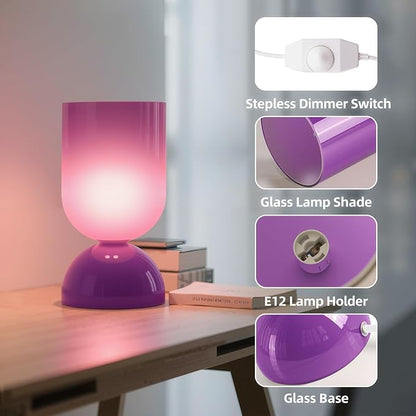 8.9" Modern Glass Table Lamp for Living Room, Dimmable Desk Lamps for Bedroom, UL Listed Nightstand Lamp with Dome Base, End Table Lamps for Home, Side Tables, College Dorm, Office, Glossy Purple