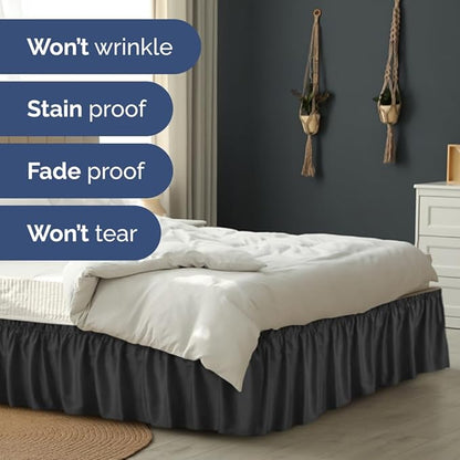 Wrap Around Dust Ruffle Bed Skirt - Black - for Queen Size Beds with 15 Inch Drop - Easy Fit Elastic Strap - Adjustable Pleated Bedskirt w/Brushed Fabric - Wrinkle Free - for Women, Men, Kids & Teens