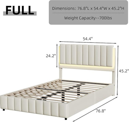 Full Size Bed Frame with LED Lights, Faux Leather Upholstered Platform Bed with Headboard and Wooden Slats Support, No Box Spring Needed, Noise-Free, Easy Assembly, Cream