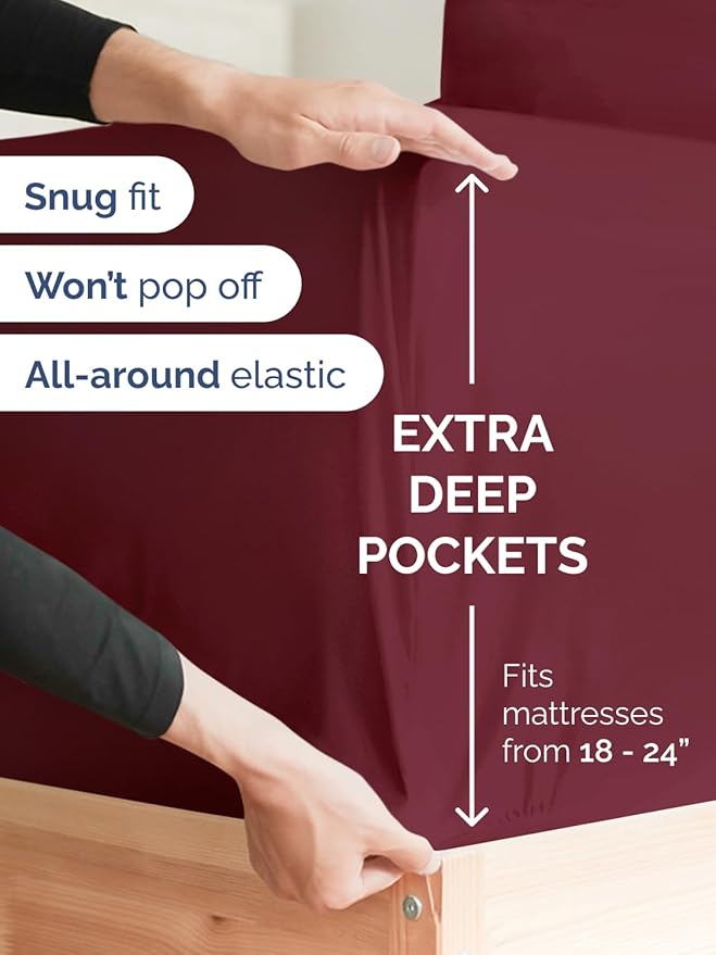 Extra Deep Twin Sheet Set - 4 Piece Breathable & Cooling Sheets - Hotel Luxury Bed Sheets Set - Easy & Secure Fit - Soft, Wrinkle Free & Comfy Sheets Set - Burgundy Sheet Set with Extra Deep Pockets
