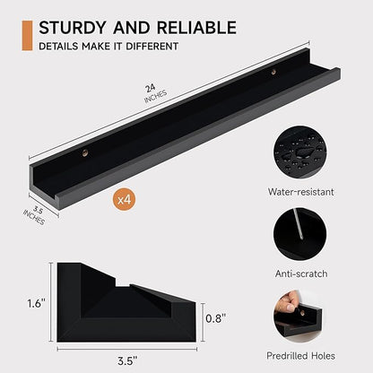 Fun Memories Picture Ledge Shelf for Wall, Floating Shelves Set of 4, 24 Inch Long Nursery Book Shelves for Toys Storage, Kids Bookshelf Wall Mounted for Books Photo Frames, Black