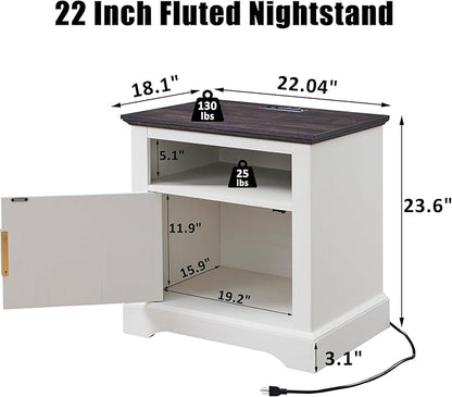 22" Large Fluted Nightstand with Charging Station, Modern End Table, Wood Side Table w/Open Shelf & Spacious Tabletop, Bedside Table with Storage Space for Bedroom, Living Room-White