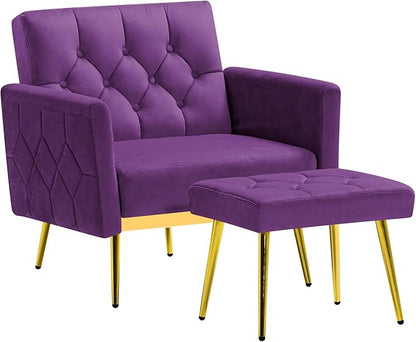 Velvet Accent Chair w/Adjustable Armrests and Backrests, Tufted Single Sofa with Ottoman, Upholstered Reading Chiar for Living Room, Apartment, Bedroom, Purple