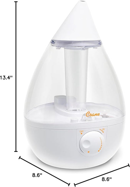 Crane White Teardrop Ultrasonic Cool Mist Humidifier, 1 Gallon Auto Shut-Off for Large Room, Baby Nursery, Bedroom Office, Clear & White