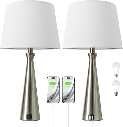 Seealle Modern Table Lamps Set of 2 - Touch Bedside Lamp for Nightstand with Dual USB C+A,3-Way Dimmable Silver Nightstand Lamps for Living Room Bedroom End Table with White Shade(Bulb Included)
