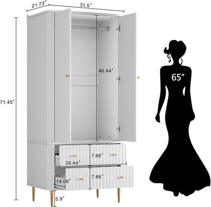HLR 72" Modern Armoire Wardrobe Closet with Doors and Drawers, Bedroom Armoire Cabinet with Hanging Rod, Wooden Clothing Storage Cabinet,White