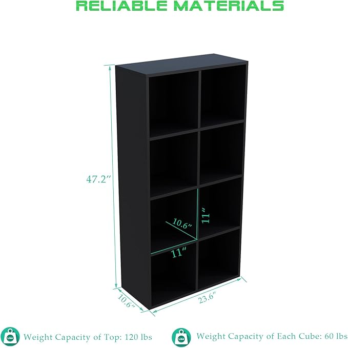 OSCHF 8-Cube Storage Shelf Bookcase - Wooden 4-Tier Floor Standing Open Bookshelf, Modern TV Stand up to 55 Inchs for Home and Office, Black