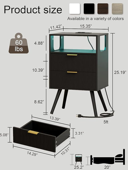Nightstand with Charging Station and LED Lights, Modern Bedside Table with 2 Storage Drawer and Open Wood Shelf for Bedroom and Small Spaces, Night Stand with Solid Wood Legs