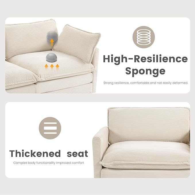 78'' Modular Sectional Cloud Couch with Movable Ottoman, 3 Seat Comfy Modern Corduroy Sofa with 2 Throw Pillows, Deep Seat L Shaped Couch for Living Room Bedroom Apartment, Beige