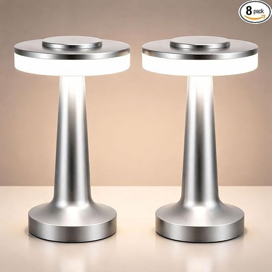 VIHOSE Cordless Table Lamps LED Portable Rechargeable Table Lamp with Touch Sensor 3 Color Dimming up to 15 Hours Battery Desk Light for Restaurant Nursery Living Room(Silver,8 Pcs)