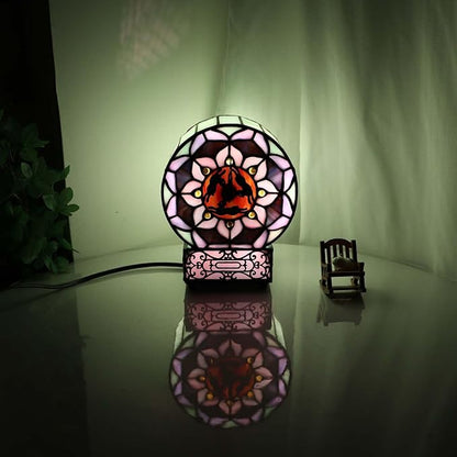 Bieye L12017 Tiffany Style Stained Glass Desk Clock Table Lamp with Lotus Flower Design (Three Hares)