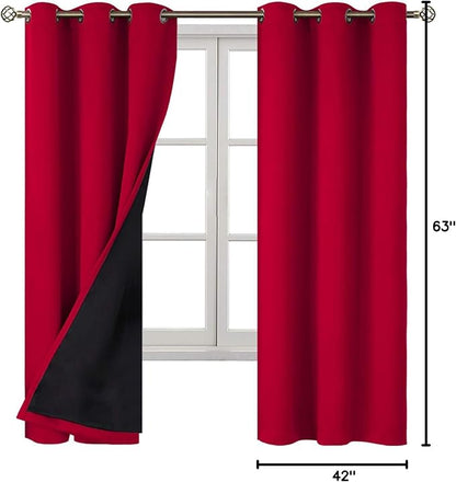 BGment Christmas 100% Blackout Curtains Thermal Insulated with Liner for Living Room Decoration - Grommet Double Layer Energy Saving Bedroom Curtain Drapes (42 x 63 Inches, Red, 2 Panels)
