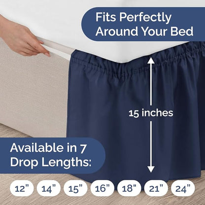 Wrap Around Dust Ruffle Bed Skirt - Navy Blue - for Queen Size Beds with 15 Inch Drop - Elastic Strap - Adjustable Pleated Bedskirt with Brushed Fabric and Wrinkle Free - for Women, Men, Kids & Teens