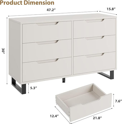 GarveeHome 6 Dresser for Bedroom, 47.2 in Wide Dresser, Freestanding Vertical Drawer Cabinet with Storage, Wooden Closet Storage Chest for Living Room, Hallway, Entryway, White