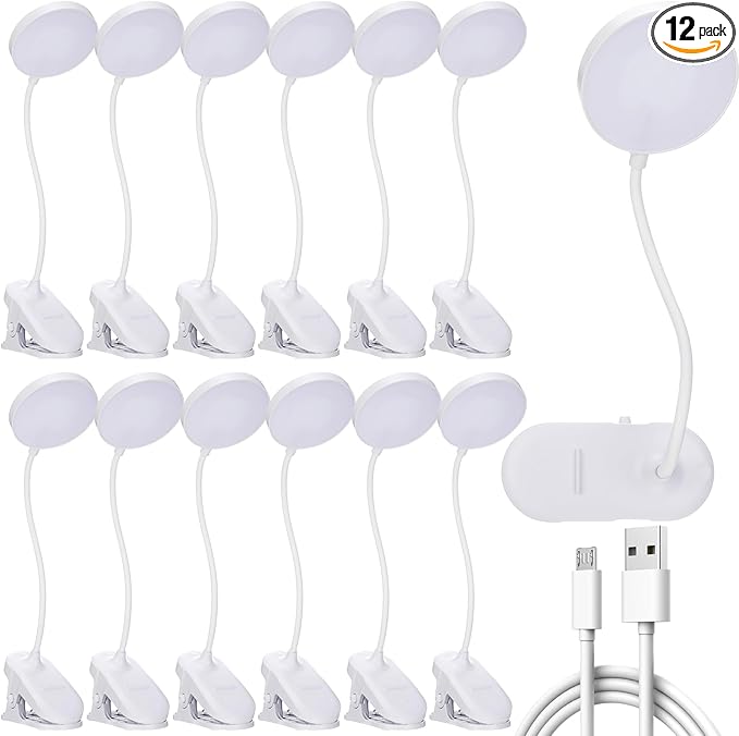 Retisee 12 Pcs Clip on Lamp Bulk LED Reading Light Book Lamp Clamp for Bed with 3 Brightness Level Night Light Clip on for Desk, Bed Headboard, USB Plug-in Style