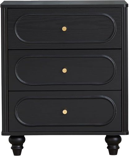 ORRD 3 Drawer Fluted Dresser for Bedroom Set of 2, Mid Century Modern Chest of Drawers, Wood Storage Small Dresser Organizer for Bedroom Living Room Hallway Closet, Black
