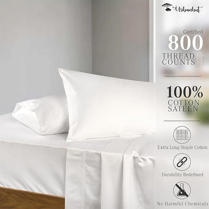 URBANHUT 800 Thread Count 100% Cotton Full Size Sheets, Luxury 4 Piece Full Bedsheets, Hotel Sheets Sateen Finish - Better Than Egyptian, 16" Elasticized Deep Pocket - White