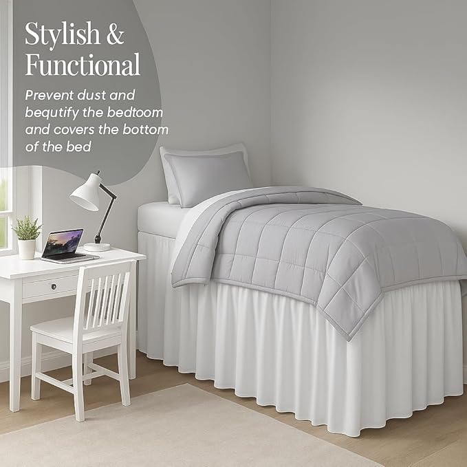 Cottingon Dorm Bed Skirt Twin XL 46" with Split Corners, 100% Microfiber Soft and Stylish, College Room Essential, Extra Long Dust Ruffle for Extended Beds, White