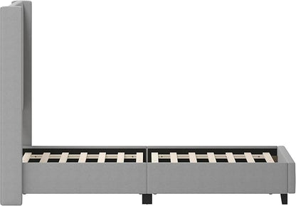 EMMA + OLIVER Nora Queen Size Faux Linen Upholstered Platform Bed with Plush Padded Wingback Headboard (No Box Spring Needed), Modern Upholstered Headboard Queen Bed Frame, Gray