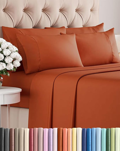 Queen Sheets Set 6 Piece - Bed Sheets Queen Size - Soft Hotel Luxury Bedding - Cooling, Comfy & Breathable - 1 Flat & 1 Fitted and 4 Pillowcases with Deep Pockets - Wrinkle and Fade Free - Terracotta