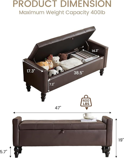 47" Storage Ottoman Bench, Faux Leather Upholstered Ottoman with Storage, End of Bed Bench for Bedroom, Living Room, Entryway, Window (Brown)