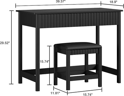 ChooChoo 40 Inch Modern Desk with Drawers, Makeup Vanity Desk with Padded Stool, Small Home Office Desk for Bedroom, Black