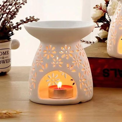 Ceramic Tea Light Holder, Aromatherapy Essential Oil Burner, Wax Warmer, Tealight Holder with White Floral Pattern for Home Decoration, 2PCS