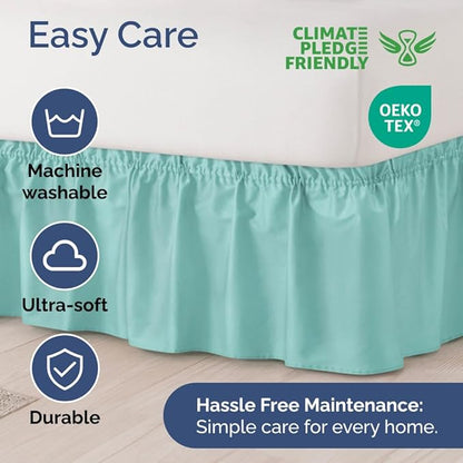 Wrap Around Dust Ruffle Bed Skirt - Spa Blue - for Full Size Beds with 15 Inch Drop - Easy Fit Elastic Strap - Adjustable Pleated Bedskirt w/Brushed Fabric Wrinkle Free - for Women, Men, Kids & Teens