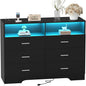 Dresser with Power Outlets and LED Lights Wooden 6 Drawer Dresser with Large Organizer Tall Black Drawer for Bedroom Modern Chest of Drawers Closet for Living Room Kids Room