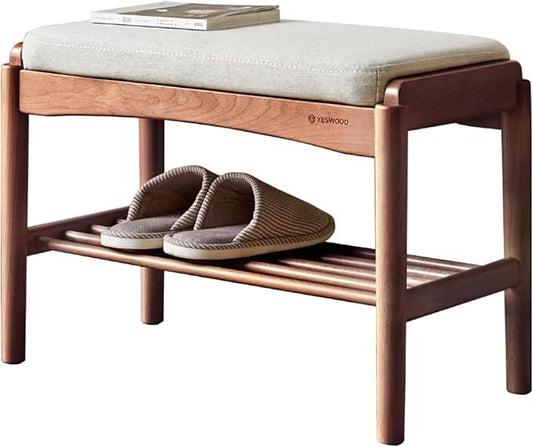 Solid Wood Shoe Bench, Shoe Rack Bench Assembled with Cushion for Entryway, Hallway, Bedroom, Living Room, 11.8" x 23.6" x 16.5", Beech Wood, Walnut