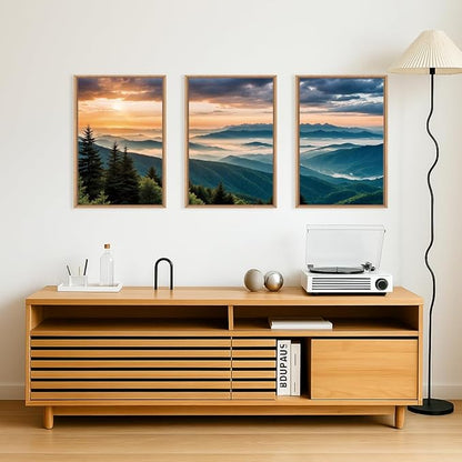 LHIUEM Large Nature Mountain Sunrise Framed Canvas Wall Art,Modern Misty Tree Wall Decor,Boho Forest Green Wall Painting,Landscape Picture Artwork for Living Room,Bedroom,Dining Room,Office -24"x36"x3