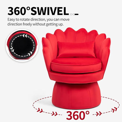 Swivel Accent Chairs Set of 2, 360° Mid-Century Modern Velvet Barrel Chair, Comfy Shell Shape Arm Chair with Lumbar Pillow for Living Room, Bedroom, Office, Rose Red (Red, Set of 2 Swivel chair)