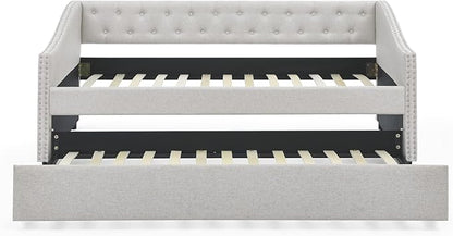 Favfurish Upholstered Twin Size Daybed with Twin Trundle, Solid Wooden Sofa Bed Frame w/Button Tufted Backrest and Copper Nail on Waved Shape Arms, No Spring Box Need, Space-Saving Design