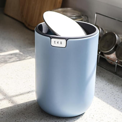EKO Mini Desk Trash Can with Swing-Top Lid 0.4 Gallon Small Table Round Wastebasket for Office, Home, Car (Blue)