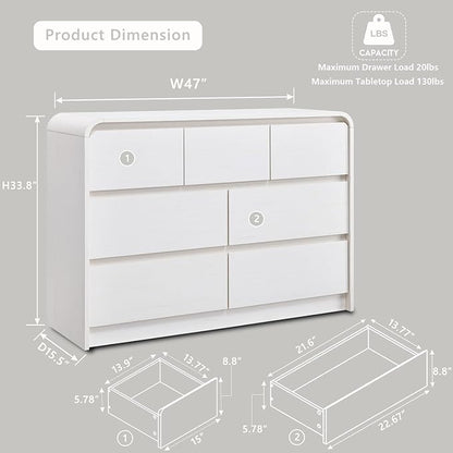 Modern 7 Drawers Dresser for Bedroom, 47" Wide Wood Dressers & Chests of Drawers w/Curved Profile Design, Mid Century Modern Dresser w/Natural Texture for Bedroom, Living Room,Antique White