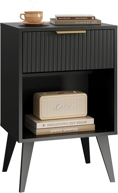 Fluted Night Stand with Opening Storage,Mid Century Bedside Table with Drawer,Black Nightstand with Wood Legs,End Table Side Table for Living Room,Bedroom,11.8" Dx15.7 Wx 25.2" H CTG56BK