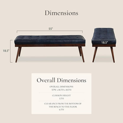 POLY & BARK 55" Tufted Leather Bed Bench for Bedroom End of Bed - Living Room Entry Way Bench - Pure Italian Leather Upholstery with a Solid Wood Frame - Ottoman Bench with Wooden Legs - Midnight Blue