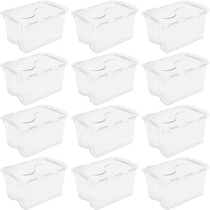 Sterilite 48 Qt Hinged Lid Storage Box, Stackable Bin with Lid, Plastic Container to Organize Home, Office, Basement, Clear with White Lid, 24-Pack