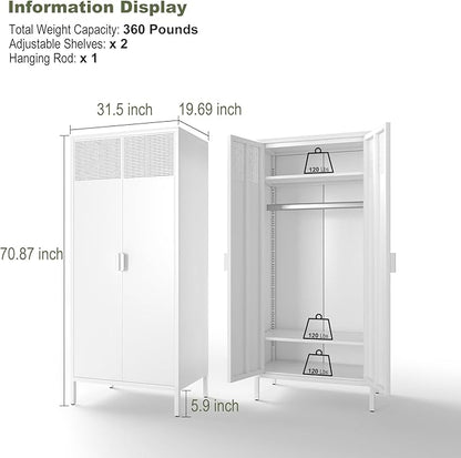 COFaR Metal Wardrobe Cabinet with Hanging Rod, 71 inches Tall Bedroom Armoire Wardrobe Closet for Home, Office, Garage, Laundry Room White