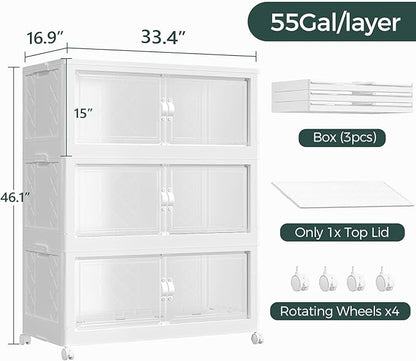 660QT Extra Large Stackable Storage Bins with Lid, 165Gal Collapsible Storage Box with Wheels and Doors, Plastic Closet Organizers and Storage Cabinet for Home Kitchen Office Dorm, 3Pack White
