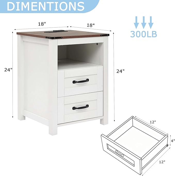 Puntogen White Night Stand, Rustic End Table with Charging Station, Farmhouse Tall Nightstand for Bedroom, Drawer Dresser Bedside Table with Open Storage Shelf