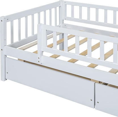 Bellemave Twin Bed Frames with Rails for Kids, Twin daybed Frame with Drawers for Boys/Girls/Adults，White