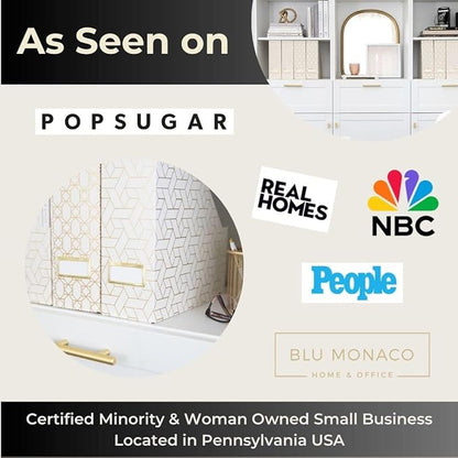 BLU MONACO | Cardboard Magazine File Holder Set of 4 | Vertical Magazine File Holder for Desk and Shelves | Cream Gold Foldable Magazine Holders with Label Slots