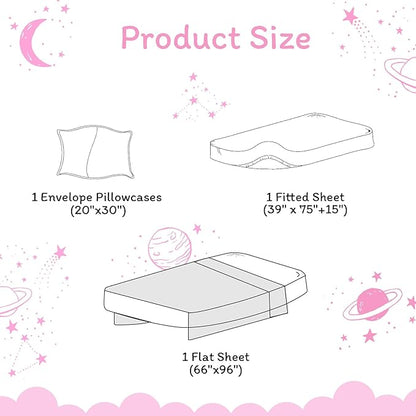 JSD Gradient Pink Moon Stars Kids Sheet Set Twin Size, 3 Piece Space Theme Microfiber Sheets Deep Pocket