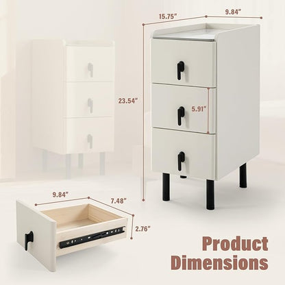 Lamberia Narrow Nightstand with 3 Drawers, Narrow Side Table, Small Bedside Table for Bedroom, Living Room, End Table for Small Space, Cream White，9.8''W x 15.8" D x 23.5" H