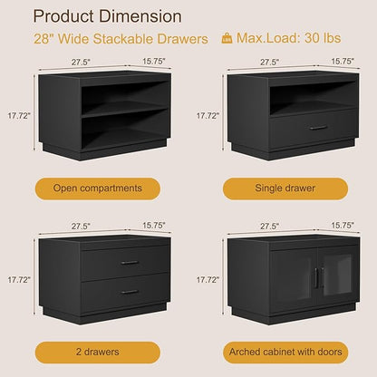 Stackable Storage Drawers,28" Wide Storage Bins w/ Drawers and Compartment for Closet Organizers, Wood Stackable Closet Organizer Modern Large Stackable Storage Units for Living Room Hallway, Black
