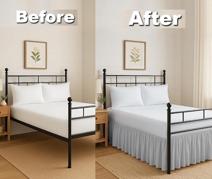 Ruffled Bed Skirt Split Corners with Platform, Tailored Fit Hotel Quality Wrinkle Free Ultra-Soft Microfiber Dust Ruffle, Upto 14 Inch Drop, Queen, Light Grey